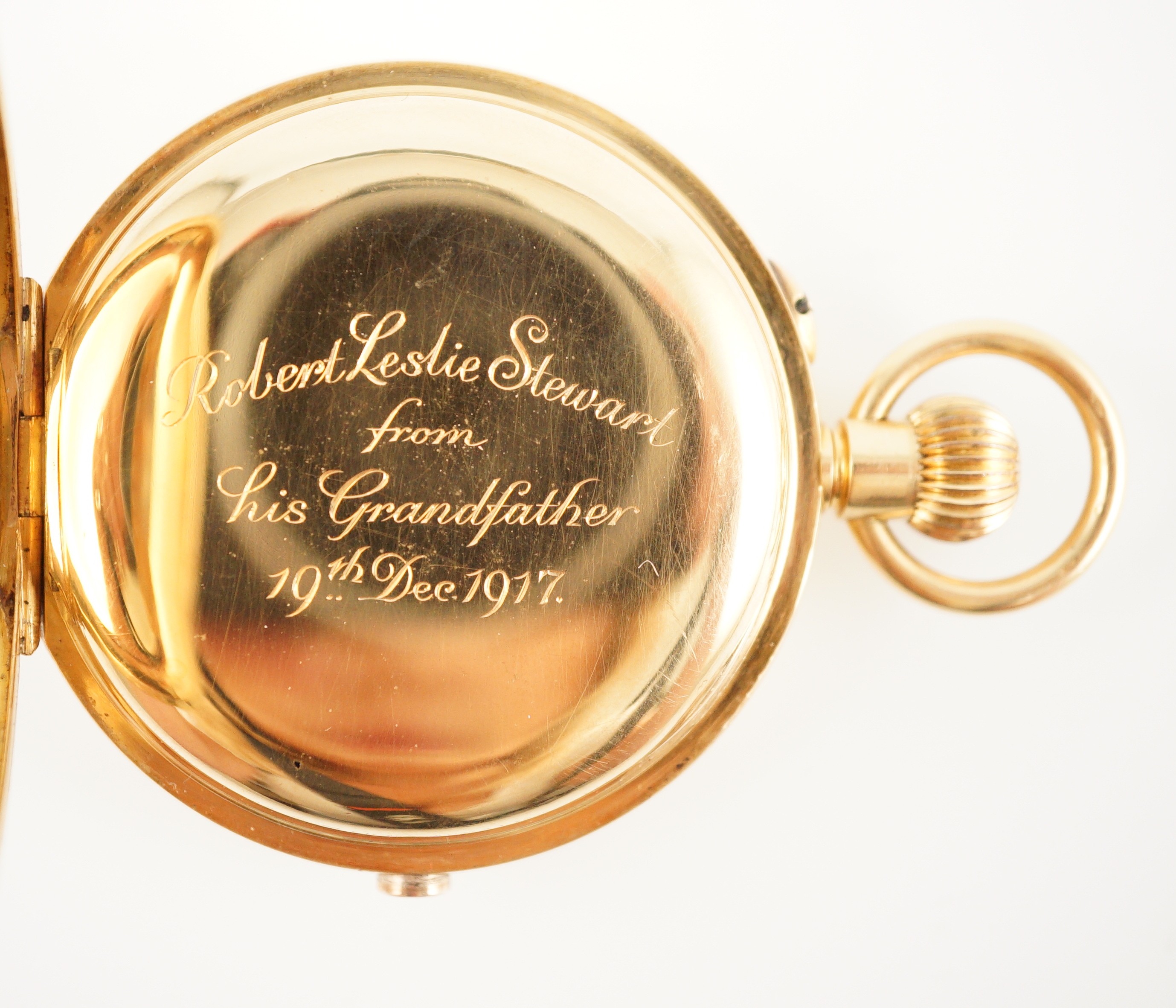 An early 20th century Swiss 18ct gold hunter keyless chronograph pocket watch